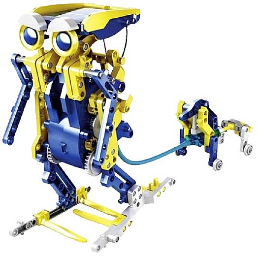 A yellow-blue robot made of building blocks, resembling a bird, with gears and movable limbs mounted on wheels.