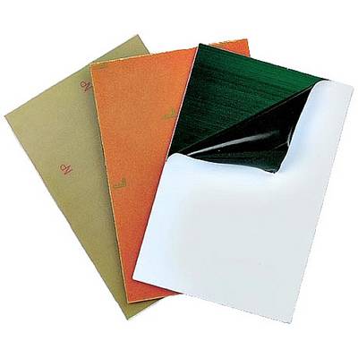 Three sheets of sandpaper: one brown, one orange, and one black with a curved corner. Ideal for various sanding tasks.