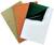 Three sheets of sandpaper: one brown, one orange, and one black with a curved corner. Ideal for various sanding tasks.