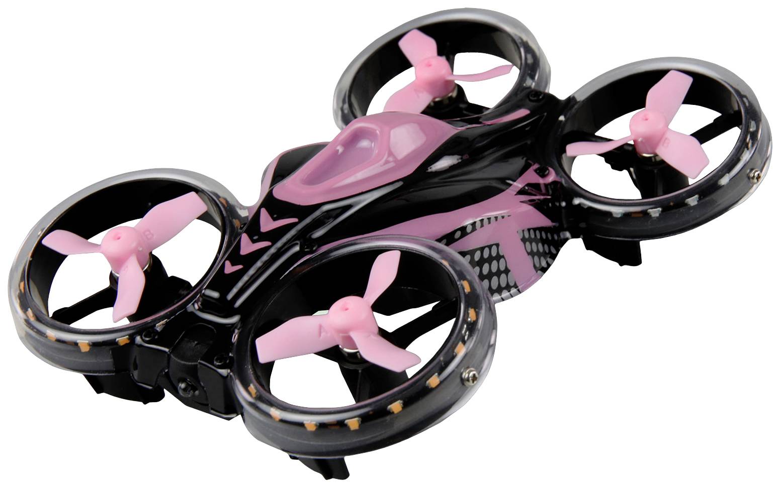 A black and pink quadcopter drone is shown from an angled perspective.