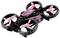 A black and pink quadcopter drone is shown from an angled perspective.