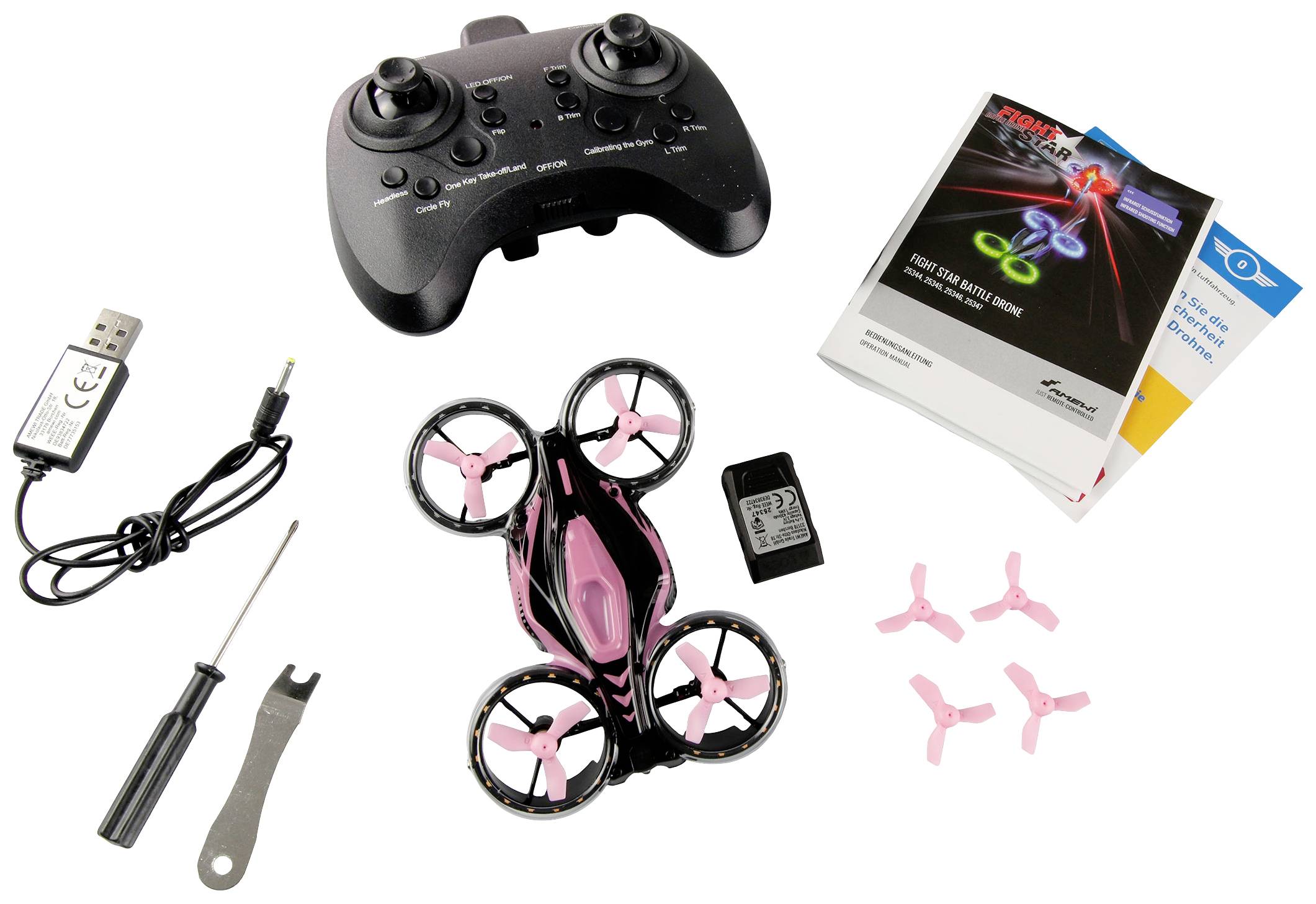A remote-controlled drone with USB charger, spare propellers, battery, screwdriver, and manual on a white background.