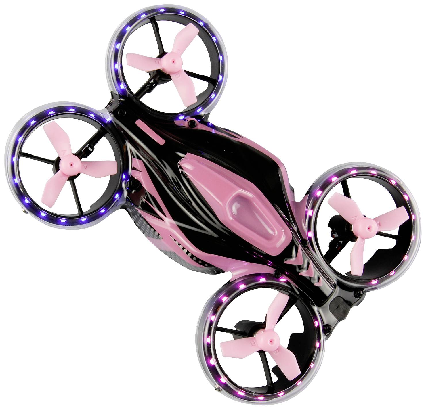 A black and pink quadcopter drone with LED lights is flying in the air.