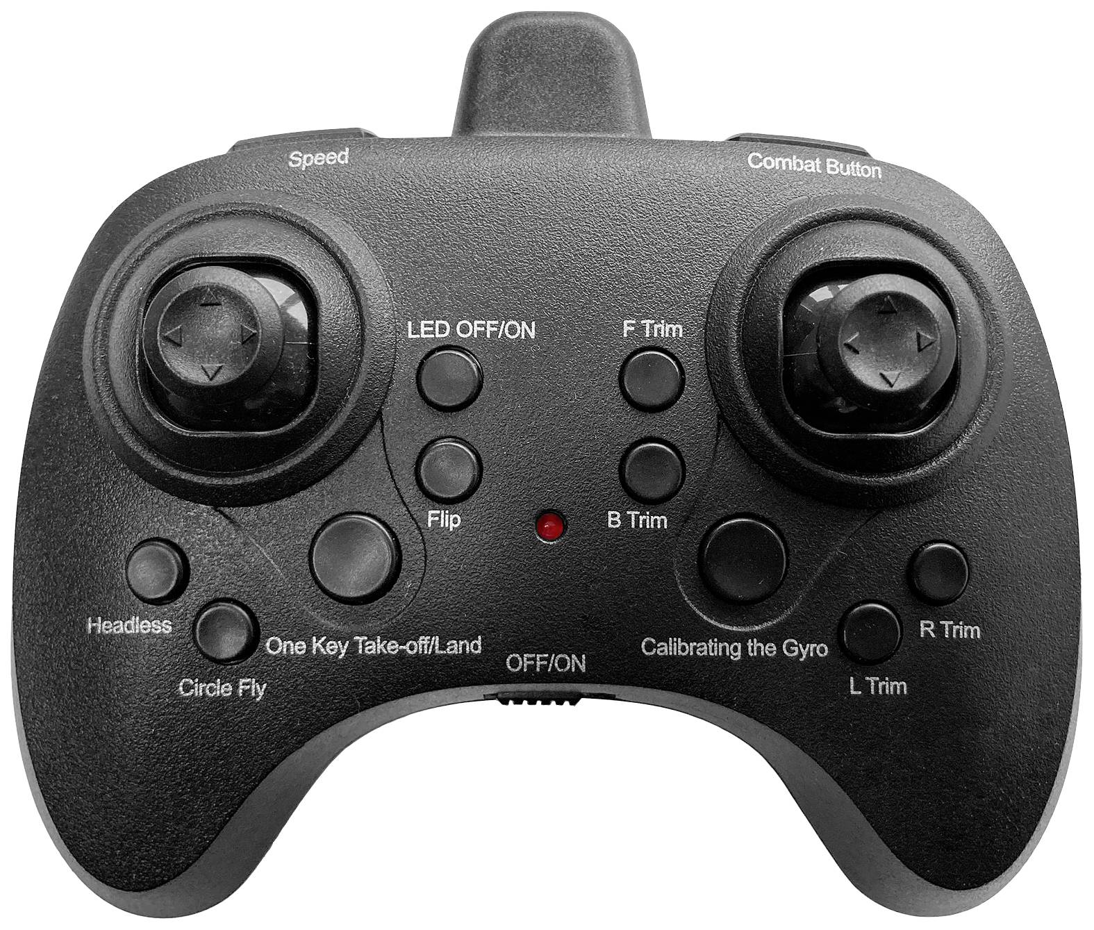 A black controller with various control buttons and labels such as 'F Trim', 'R Trim' and 'Speed'.