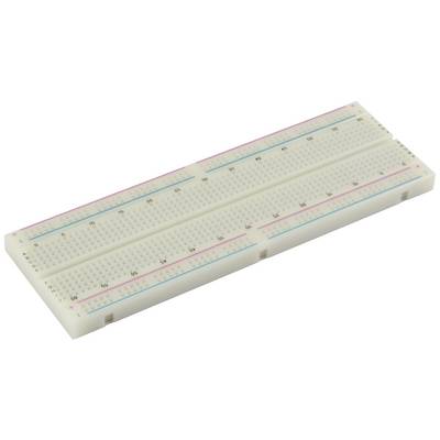 A transparent breadboard prototype with numbered terminals and coloured connections for circuit design.