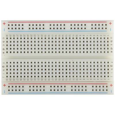 Breadboard with multiple vertical and horizontal connection points, marked with red and blue lines for current flow.