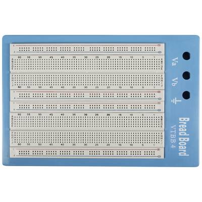 A blue breadboard with four horizontal plug strips that can be used for electronic circuit experiments.