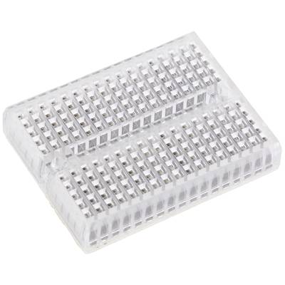 A white breadboard with numerous connection points is shown. It is used for building prototypes of electronic circuits.
