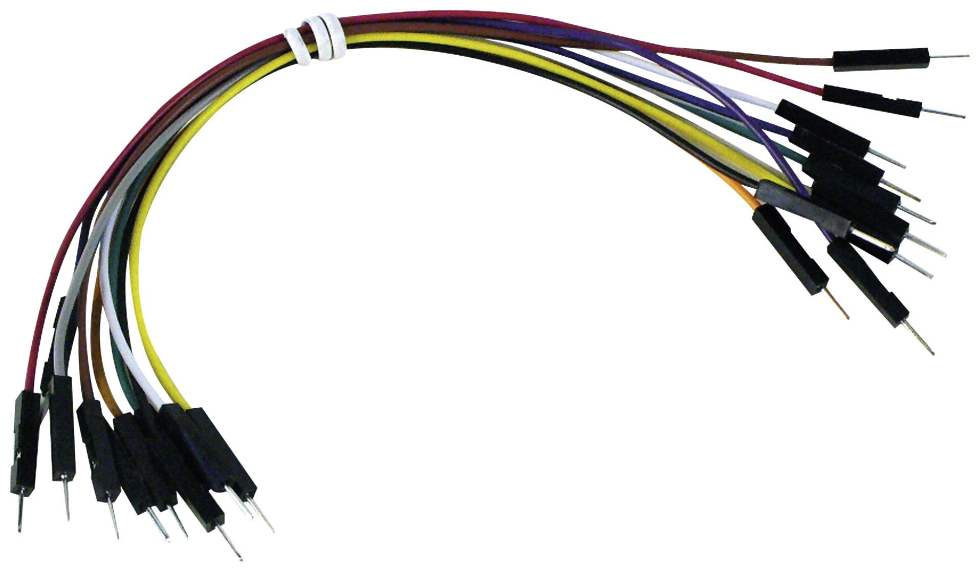 A bundle of coloured jumper wires with male connectors at both ends, used for electrical connections on circuit boards.