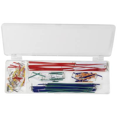 An open box of coloured jumper wires for breadboards, sorted by colours and lengths, ready for use in electronic projects.
