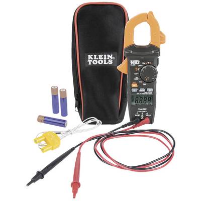 Digital multimeter with clamp and accessories including case, batteries and test leads. Measuring tool from Klein Tools for current measurement.