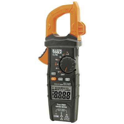 A digital clamp meter from Klein Tools with measurement scale, buttons and display for measuring voltage, current and resistance.