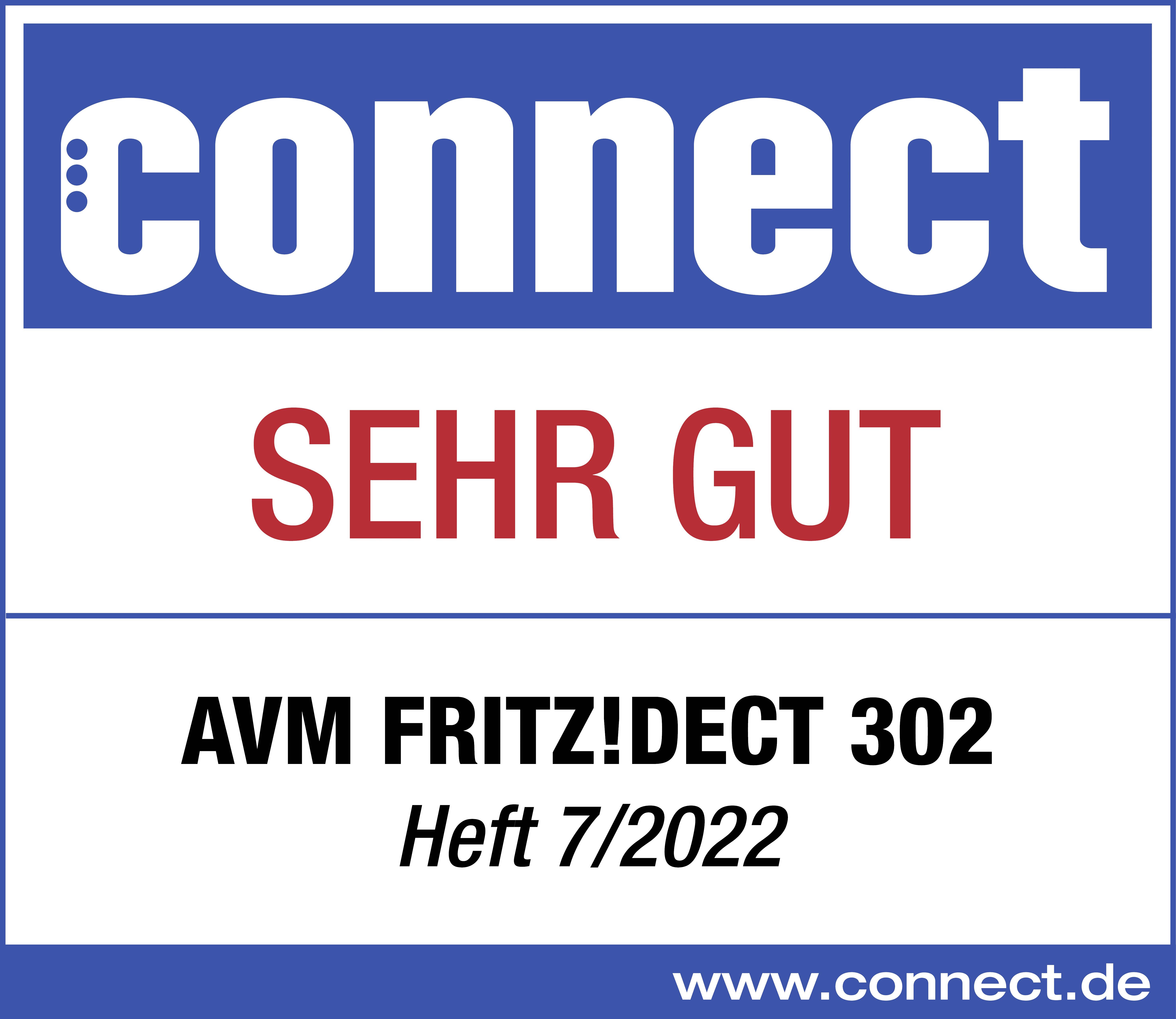 'connect' logo with the rating 'VERY GOOD' for AVM FRITZ!DECT 302, Issue 7/2022. Website: www.connect.de.