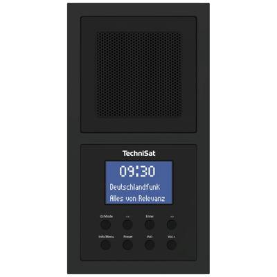 Black radio with digital display '09:30 Deutschlandfunk All of Relevance'. Volume, mode and menu buttons underneath.