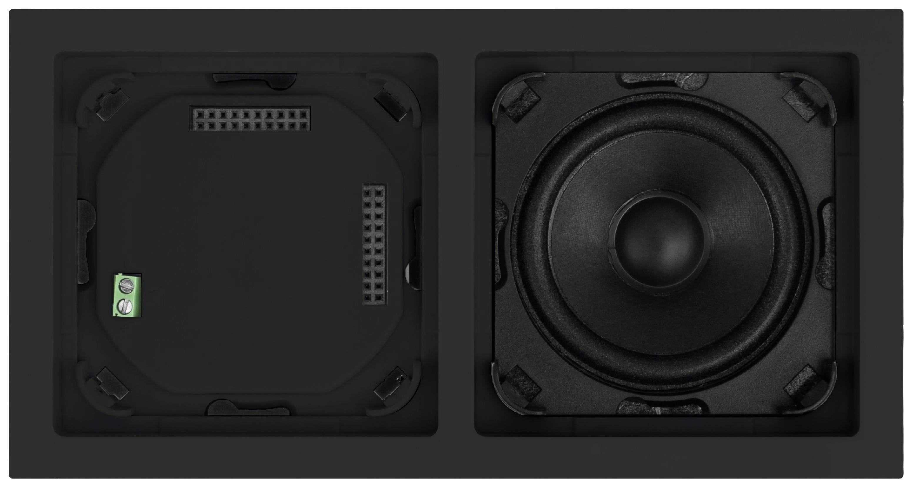 Black-framed double speaker: on the left, a concealed rear panel, on the right, an open, visible speaker.