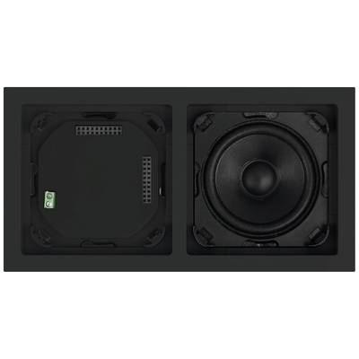 Black-framed double speaker: on the left, a concealed rear panel, on the right, an open, visible speaker.