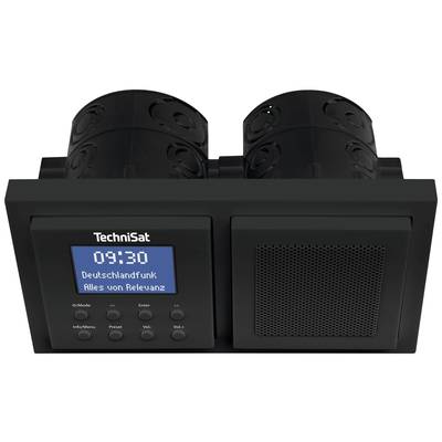 Built-in radio with display showing '09:30 Deutschlandfunk, All of Relevance'. Control buttons on the left, speakers on the right.