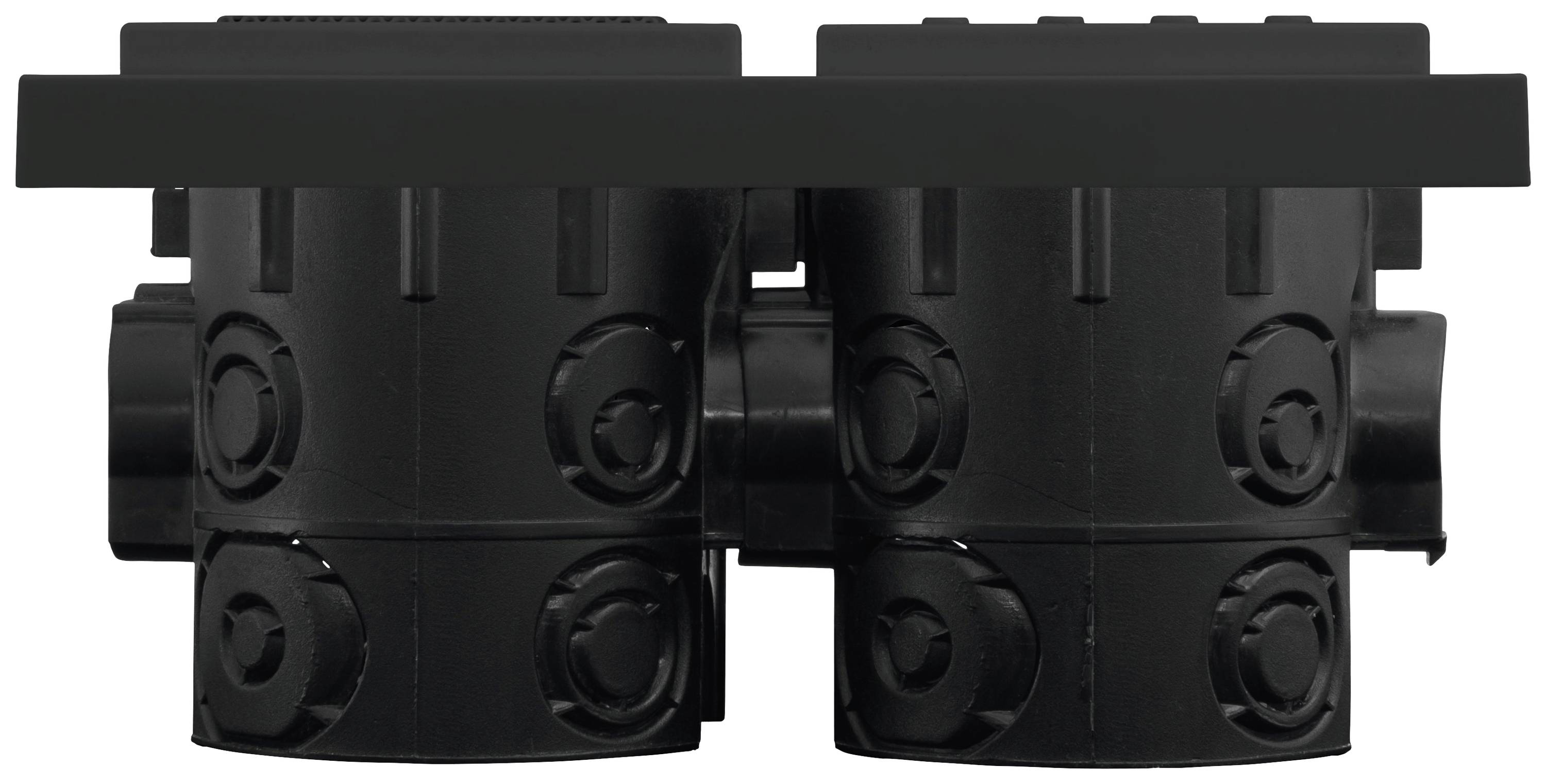 Two black cylindrical components side by side, connected by an upper cover. Suitable for technical applications.
