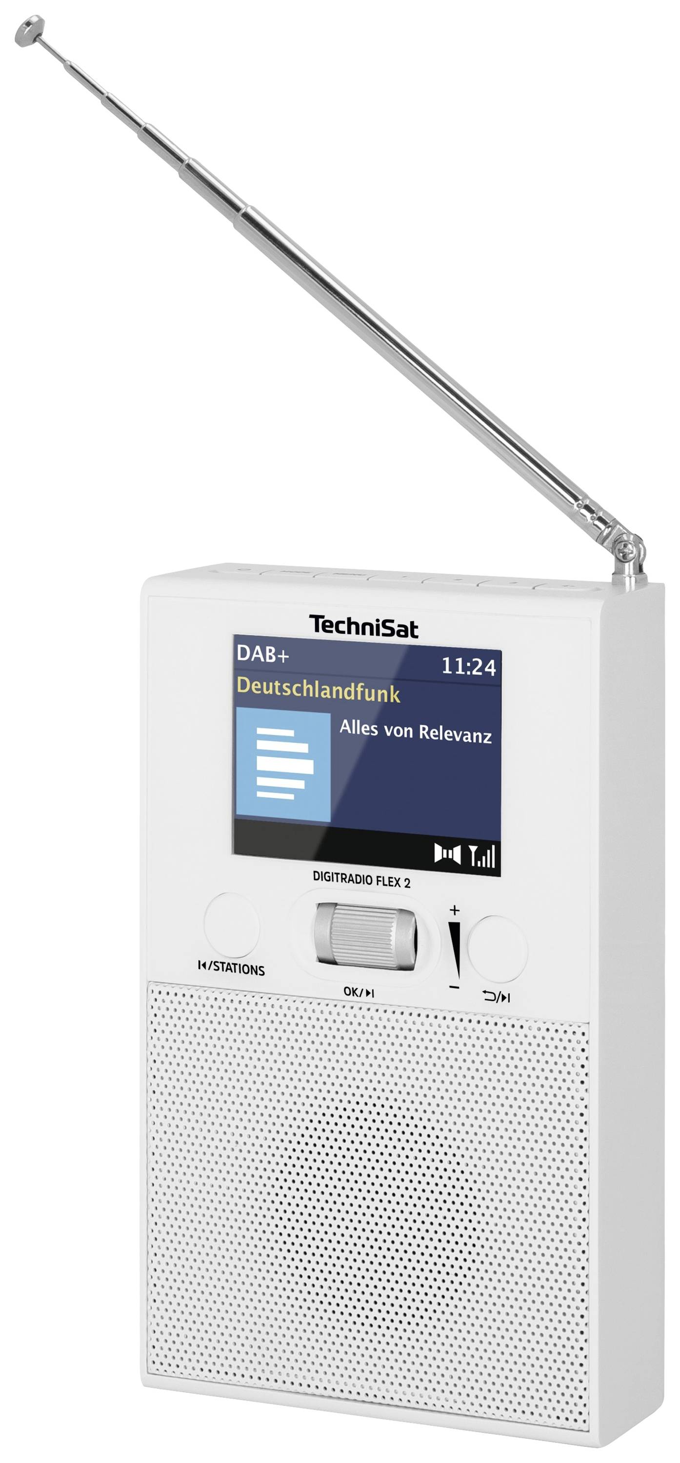 A portable DAB+ radio by TechniSat in white. The display shows 'Deutschlandfunk'. The aerial is extended.