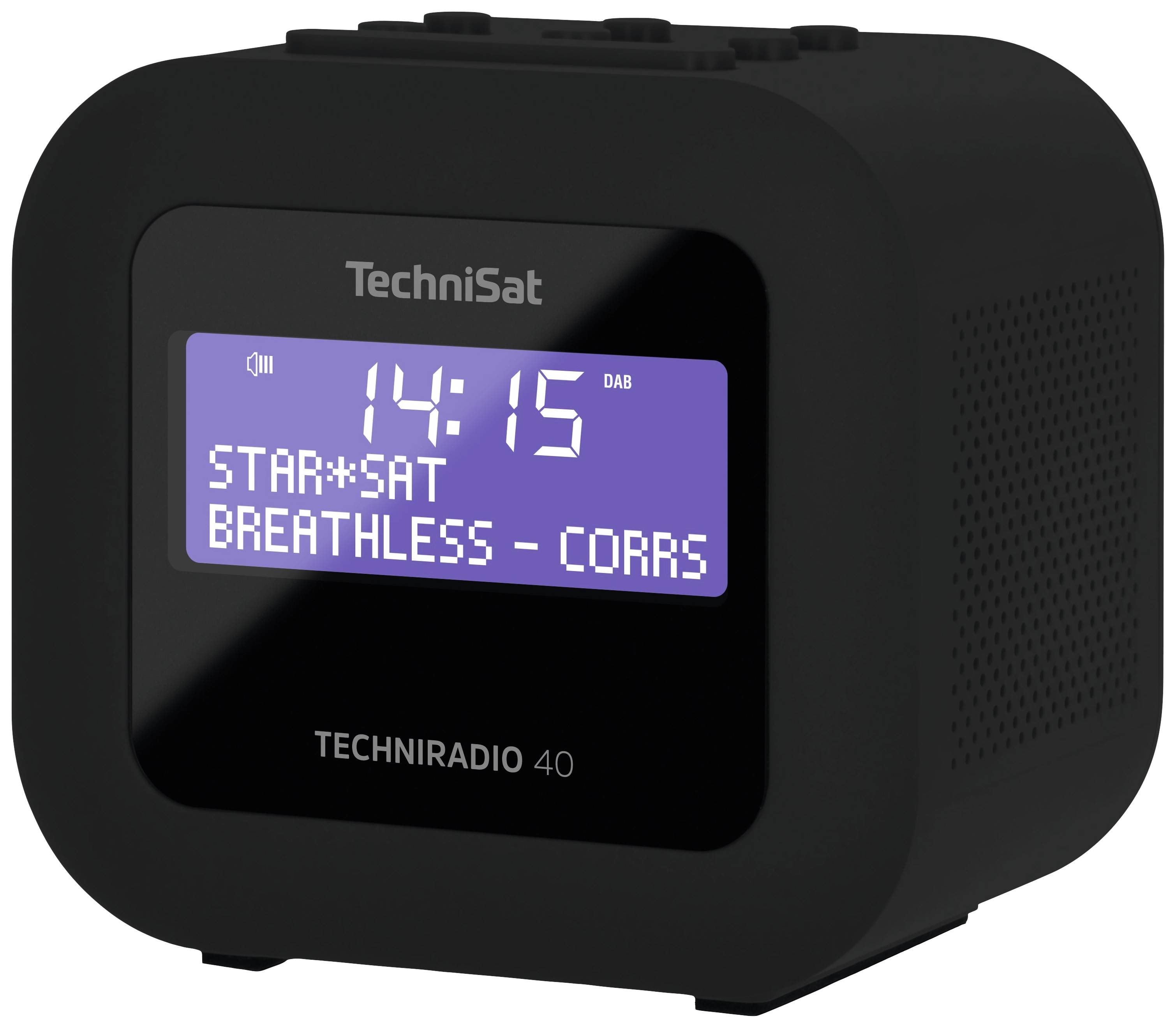 Digital radio alarm clock with display, showing '14:15', 'STAR*SAT', 'BREATHLESS - CORRS'. Model: TECHNIRADIO 40.
