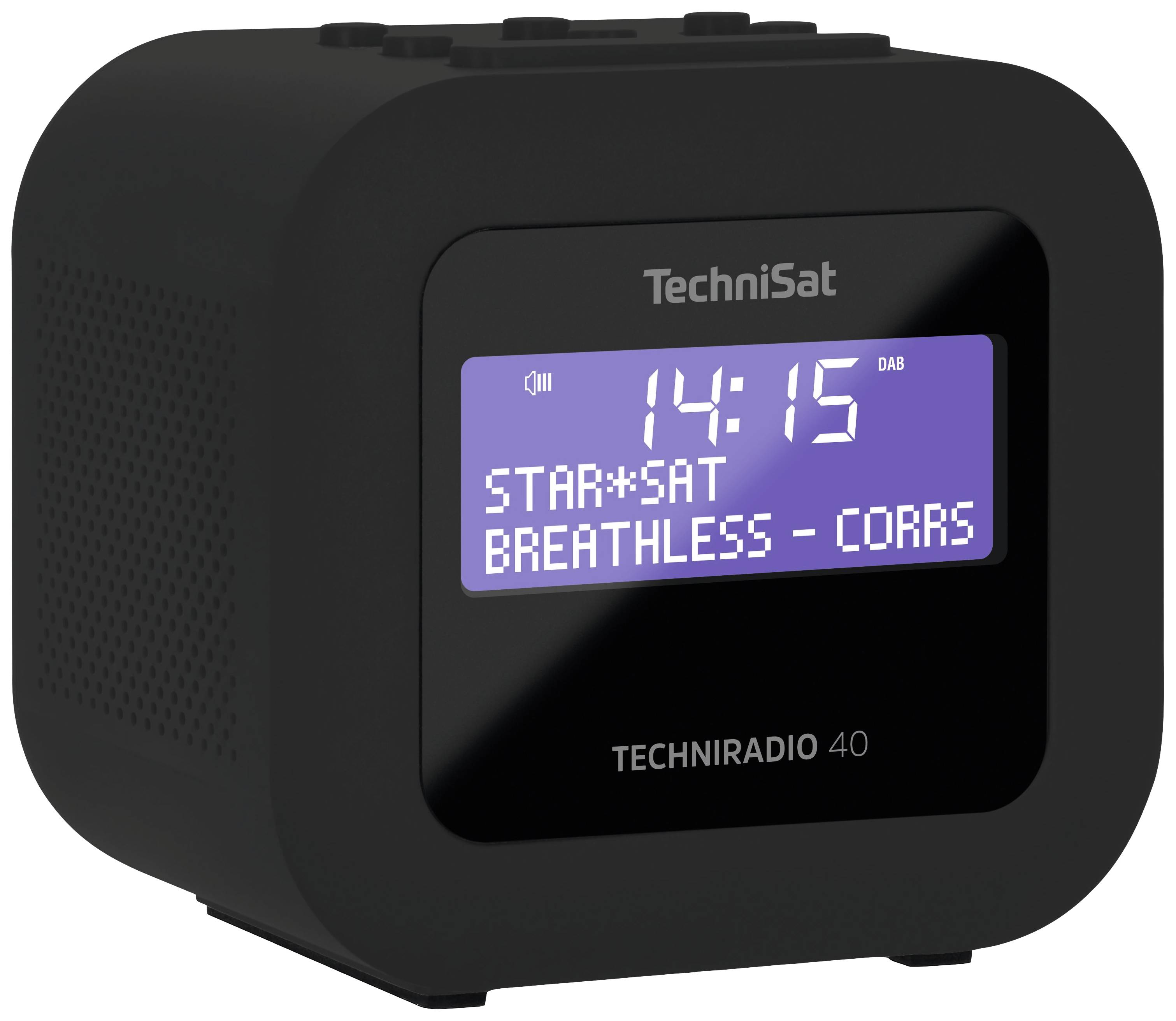 Black digital radio with illuminated display shows time 14:15 and is playing the song 'Breathless - Corrs'.