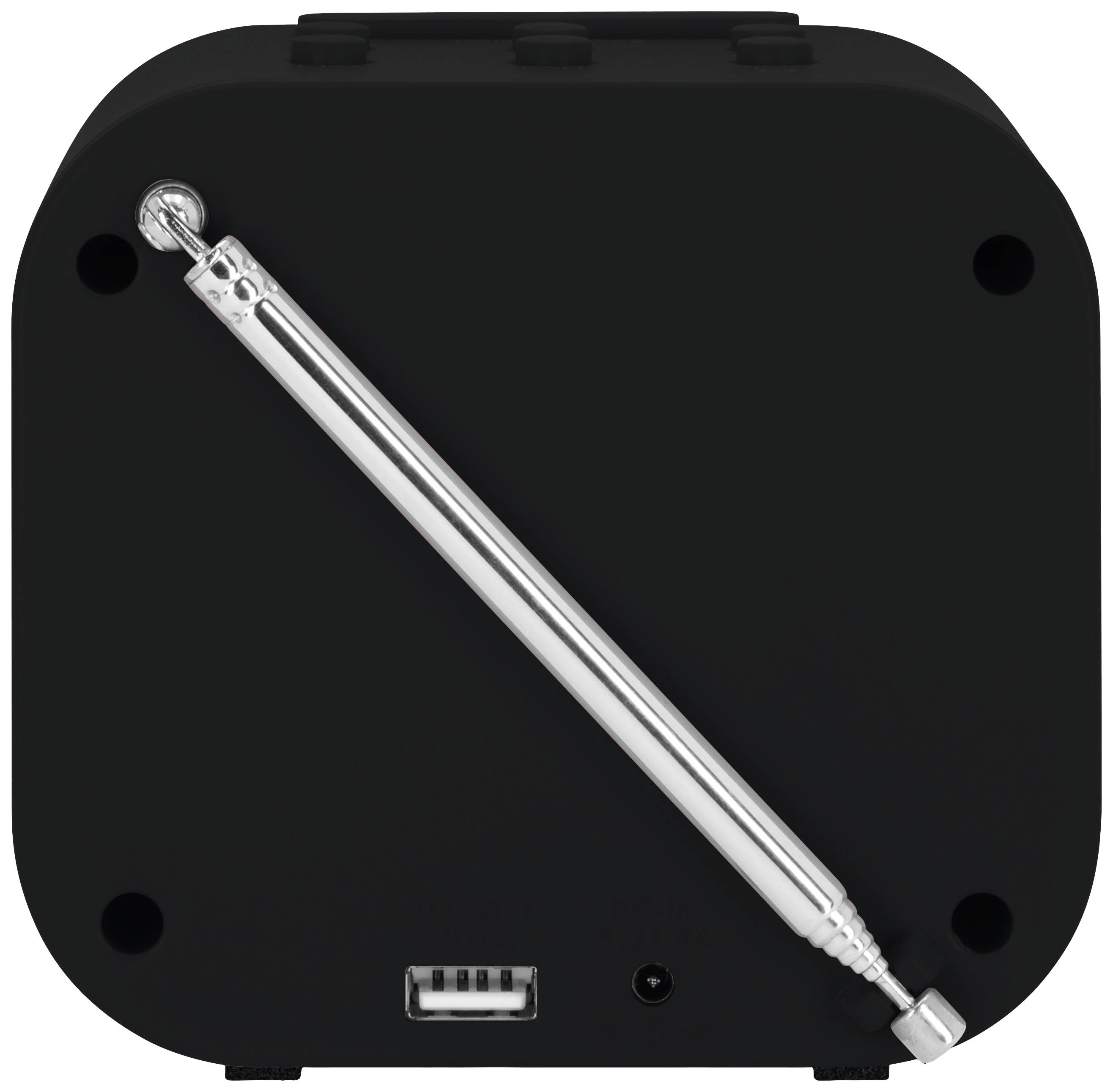 Black, cuboid device with extendable aerial and USB port, rear view.