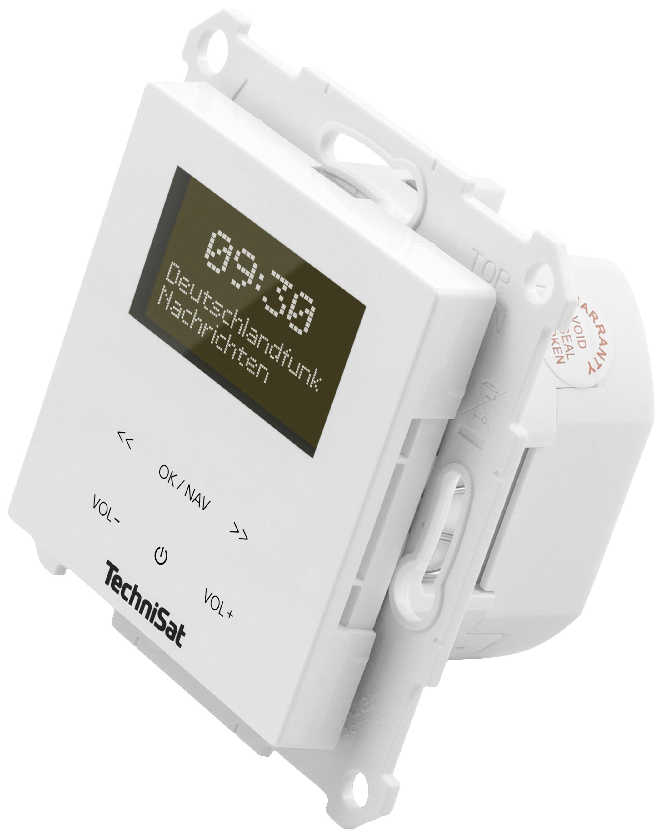 A white wall-mounted FM radio receiver with a display shows '09:50 Deutschlandfunk News'. Buttons for volume and navigation.