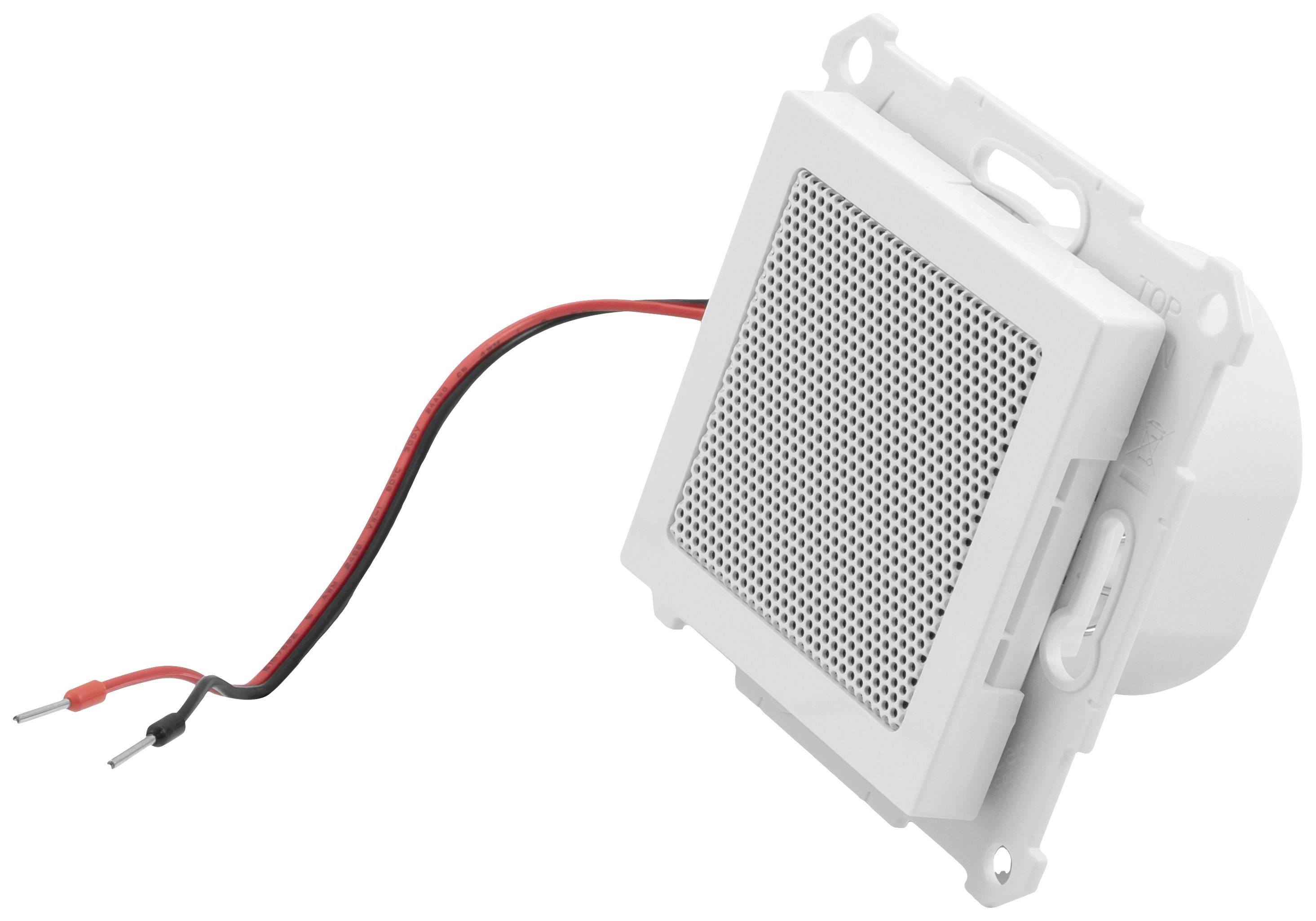 Square loudspeaker with white grille, red and black connecting wires. Suitable for built-in applications.