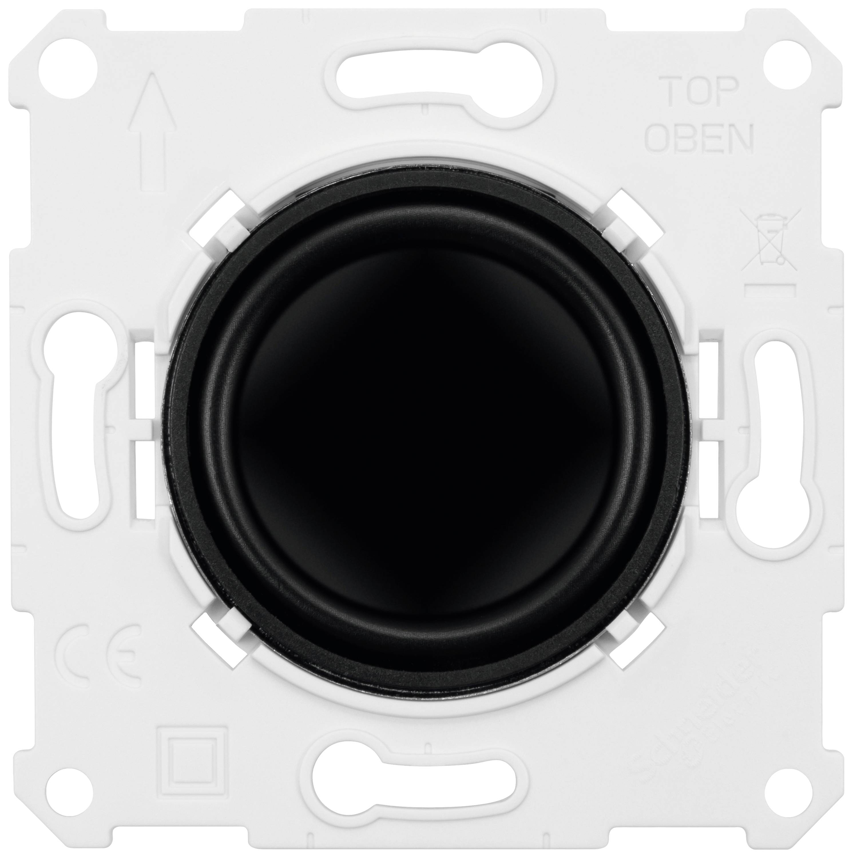 A round, black push switch in a square white mounting, with markings and symbols at the corners.
