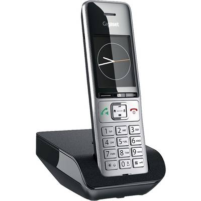 Cordless Gigaset telephone on a base station with a colour display and numerical keypad, showing a time display.