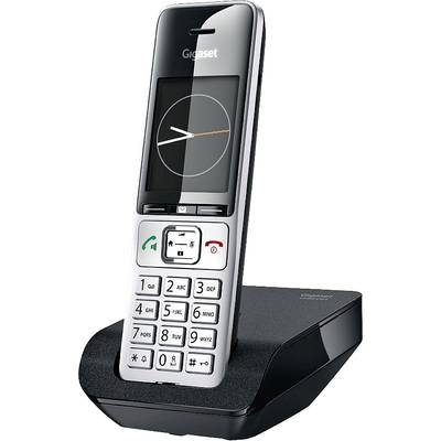 A black cordless telephone with a base station, illuminated display, and time display. Main functions are answering and ending calls.