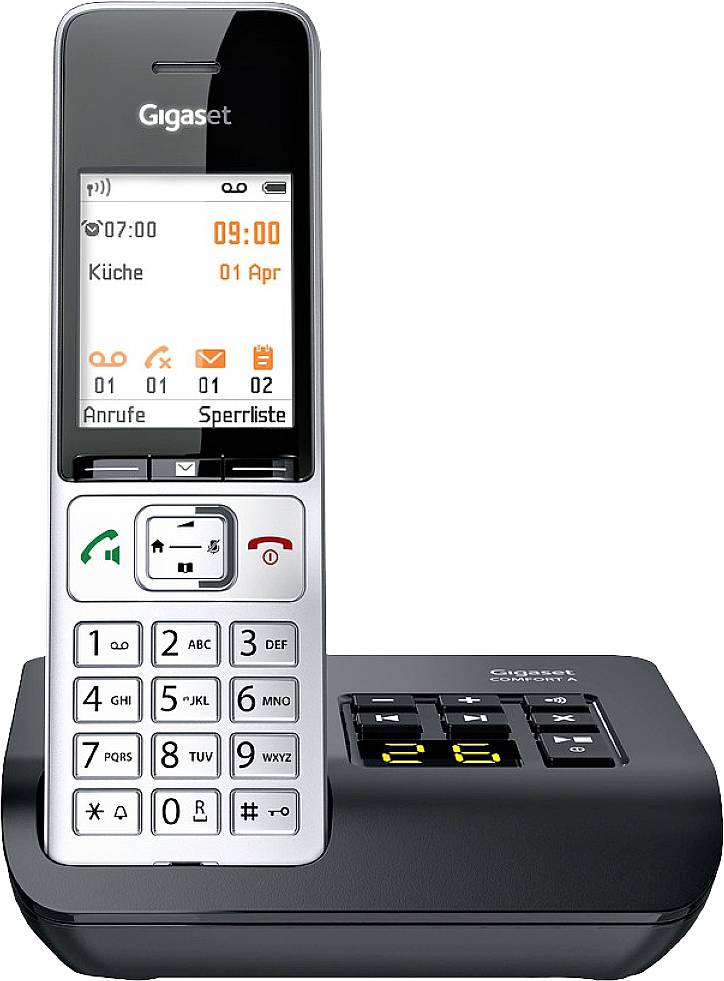 Cordless Gigaset telephone with base station, displaying time, date and features such as call list and volume control.