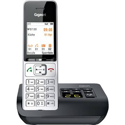 Cordless Gigaset telephone with base station, displaying time, date and features such as call list and volume control.