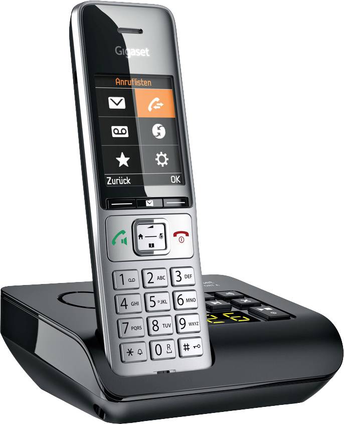 Cordless telephone on charging station with illuminated display, keypad and symbols for call lists and settings.