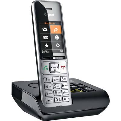 Cordless telephone on charging station with illuminated display, keypad and symbols for call lists and settings.