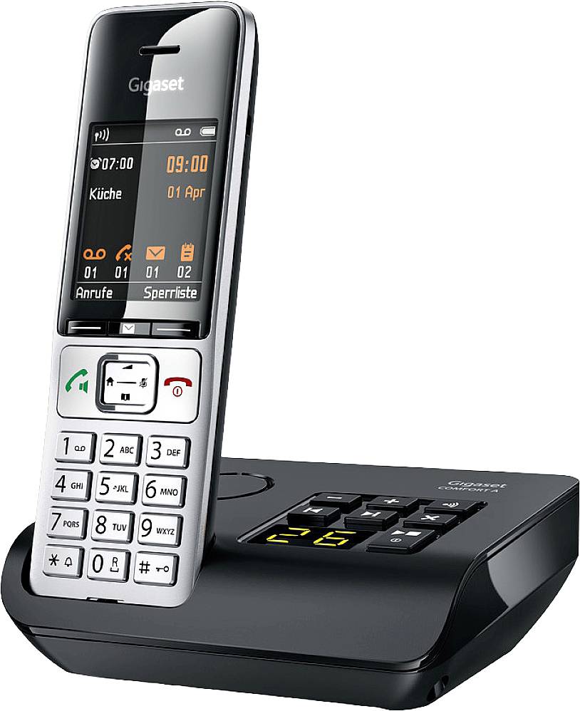 A cordless telephone with a base station. The display shows the date, time and various symbols.