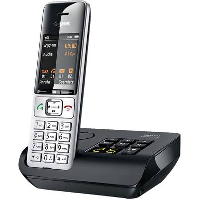 A cordless telephone with a base station. The display shows the date, time and various symbols.