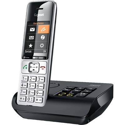 A cordless telephone with a base station. The display shows various symbols and the word 'Call Lists'. Buttons are visible.