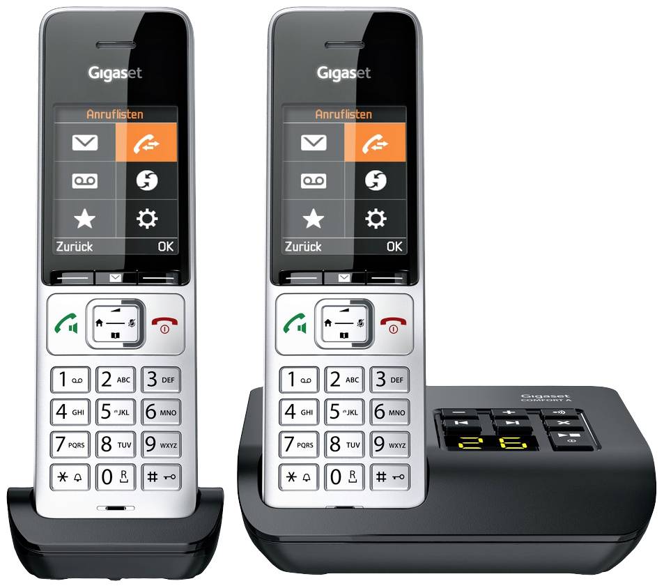 Two cordless telephones with large white buttons in a charging station, each with an illuminated display and base unit.