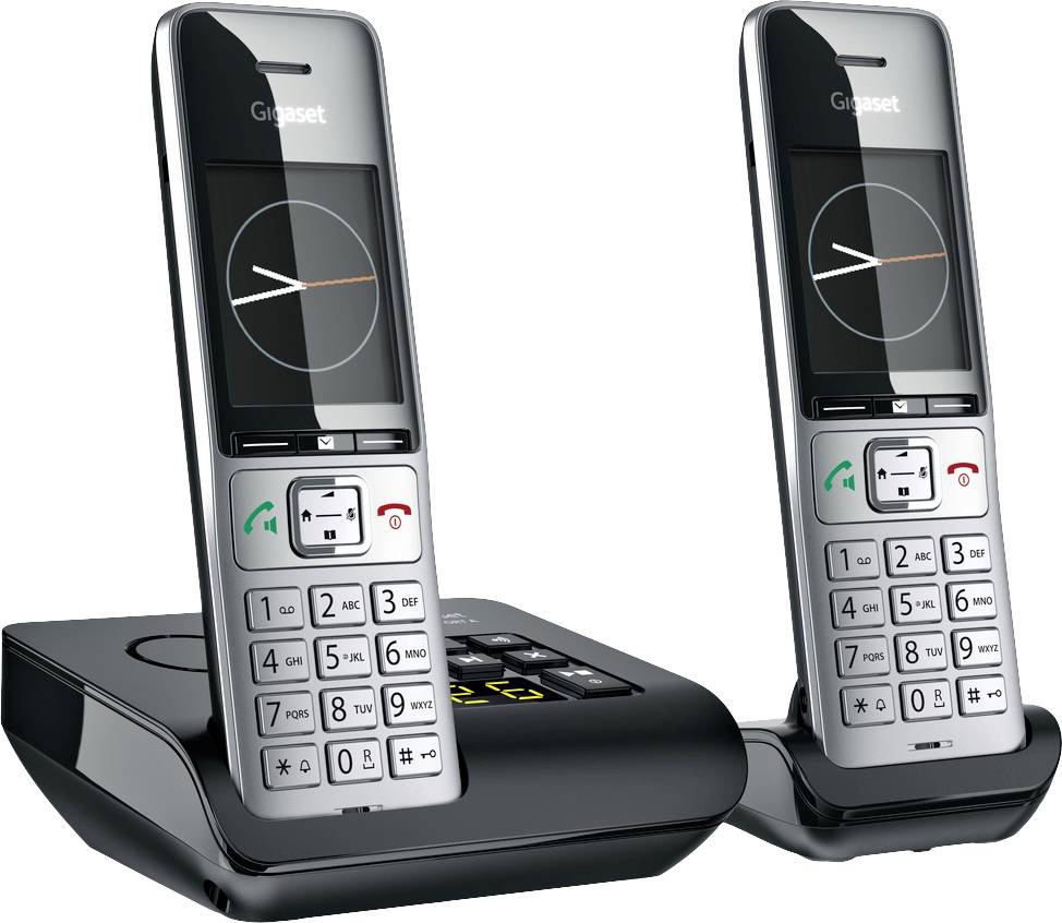Two cordless telephones with buttons and a black and silver design are standing on a base station. The devices display the Gigaset logo.