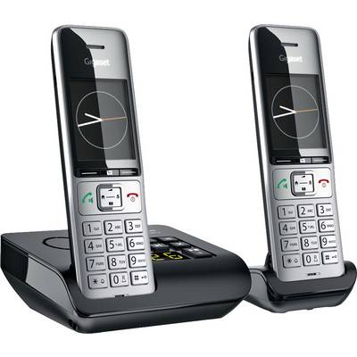 Two cordless telephones with buttons and a black and silver design are standing on a base station. The devices display the Gigaset logo.