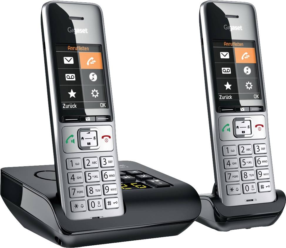 Two cordless phones with digital display and base station. The screens display menu icons such as call lists, settings, and back options.