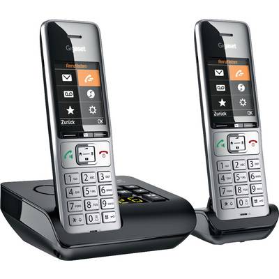 Two cordless phones with digital display and base station. The screens display menu icons such as call lists, settings, and back options.