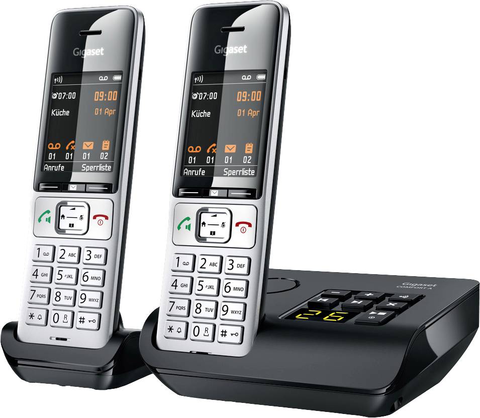Two cordless telephones with base station. Displays show time, date, and menu options. Suitable for home use.