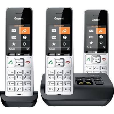 Three cordless Gigaset telephones with charging stations. The screens display icons for lists, ringtones, and settings.
