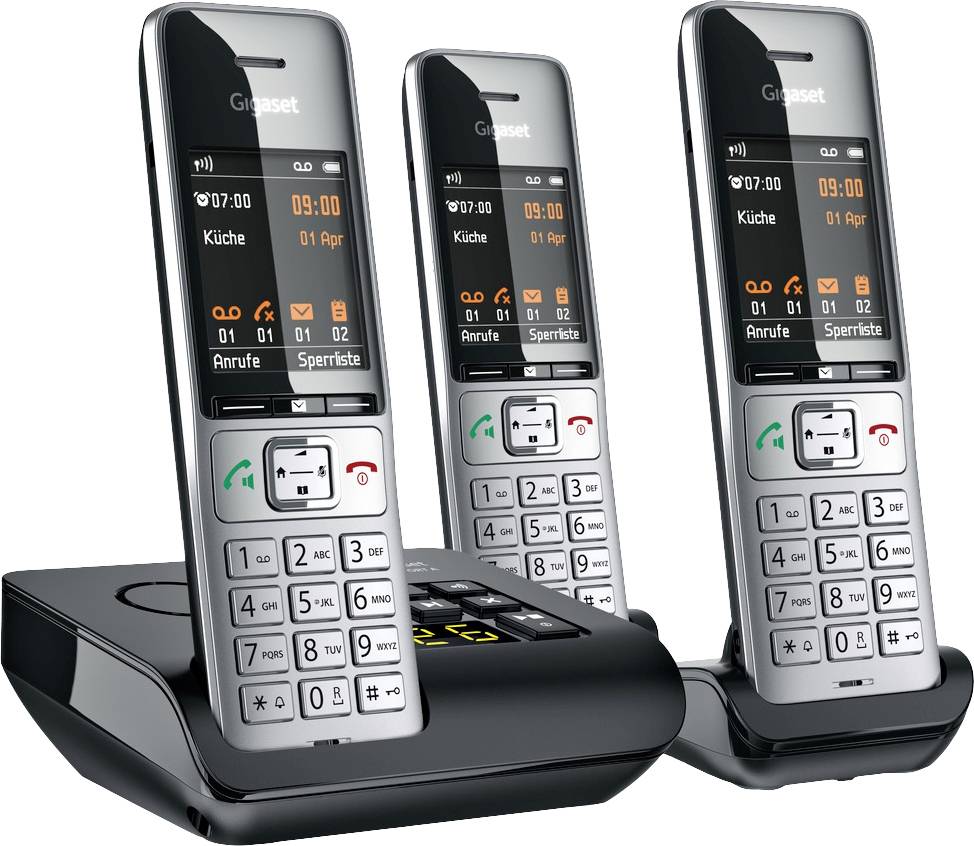 Three cordless phones with base station, display showing time and date, keypad with number keys and call icons.