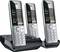 Three cordless phones with base station, display showing time and date, keypad with number keys and call icons.