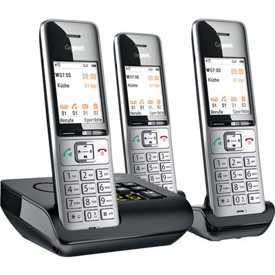 Three black cordless telephones with base station. The screens display time, date, and call information.