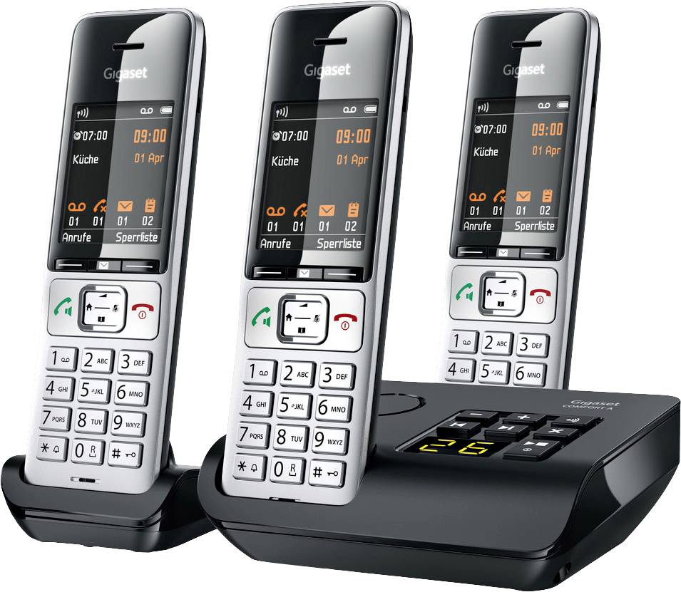 Cordless telephone system with three handsets and base station. Each handset displays time, date, and call lists on the display.