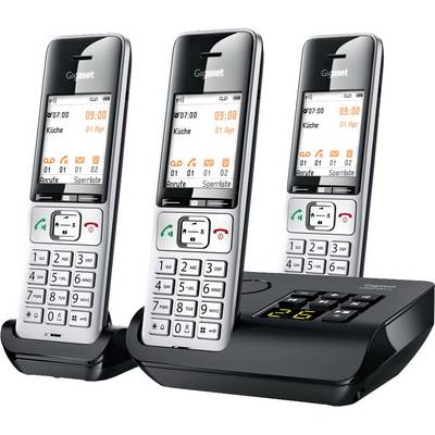 Three silver-black cordless telephones on a charging station, with a digital display. Date, time, and call options are shown.